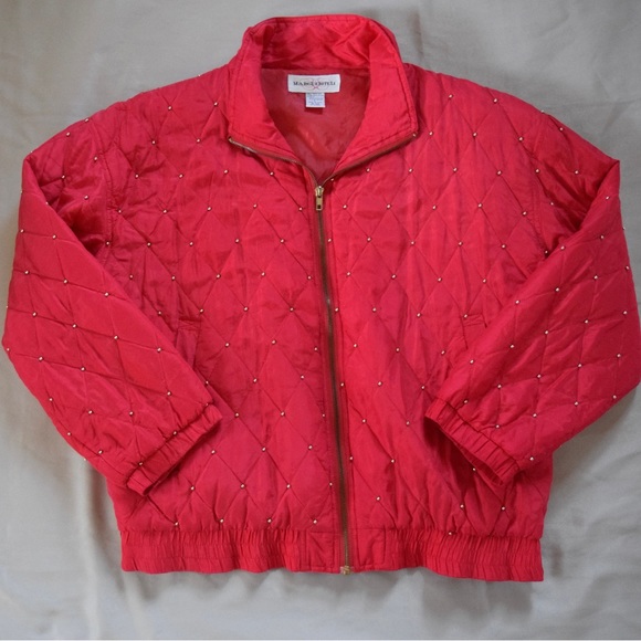 Vintage 80s Style 100% Silk Women's Large Red Bomber Jacket Gold Beaded Detail - Picture 4 of 6